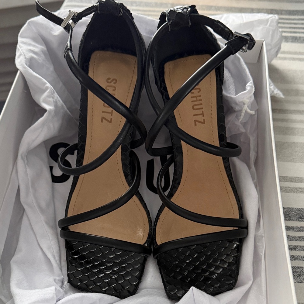 SCHUTZ Black Multimaterial High Heel Sandal with Snake Accent